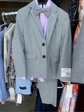 Calvin Klein Light Gray Pinstripe Boys' Suit with Bow Tie